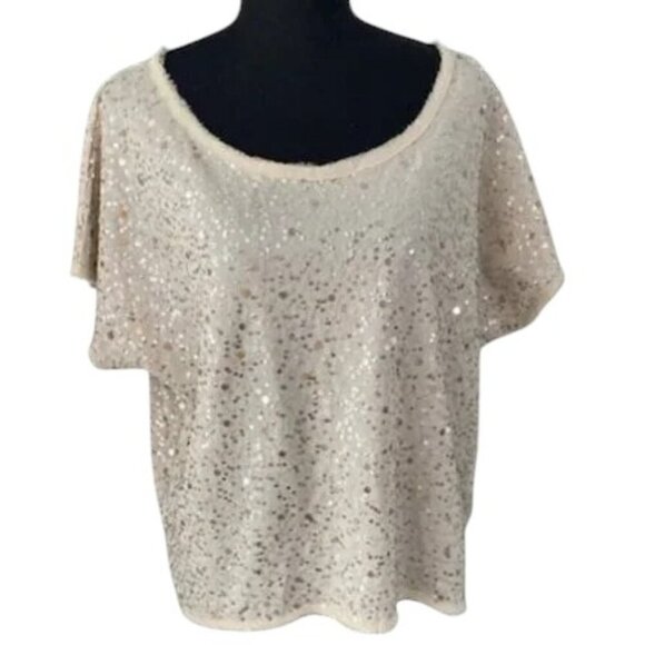 H and M Ivory Sequin Short Sleeve Boxy Blouse Top Medium - Picture 1 of 16